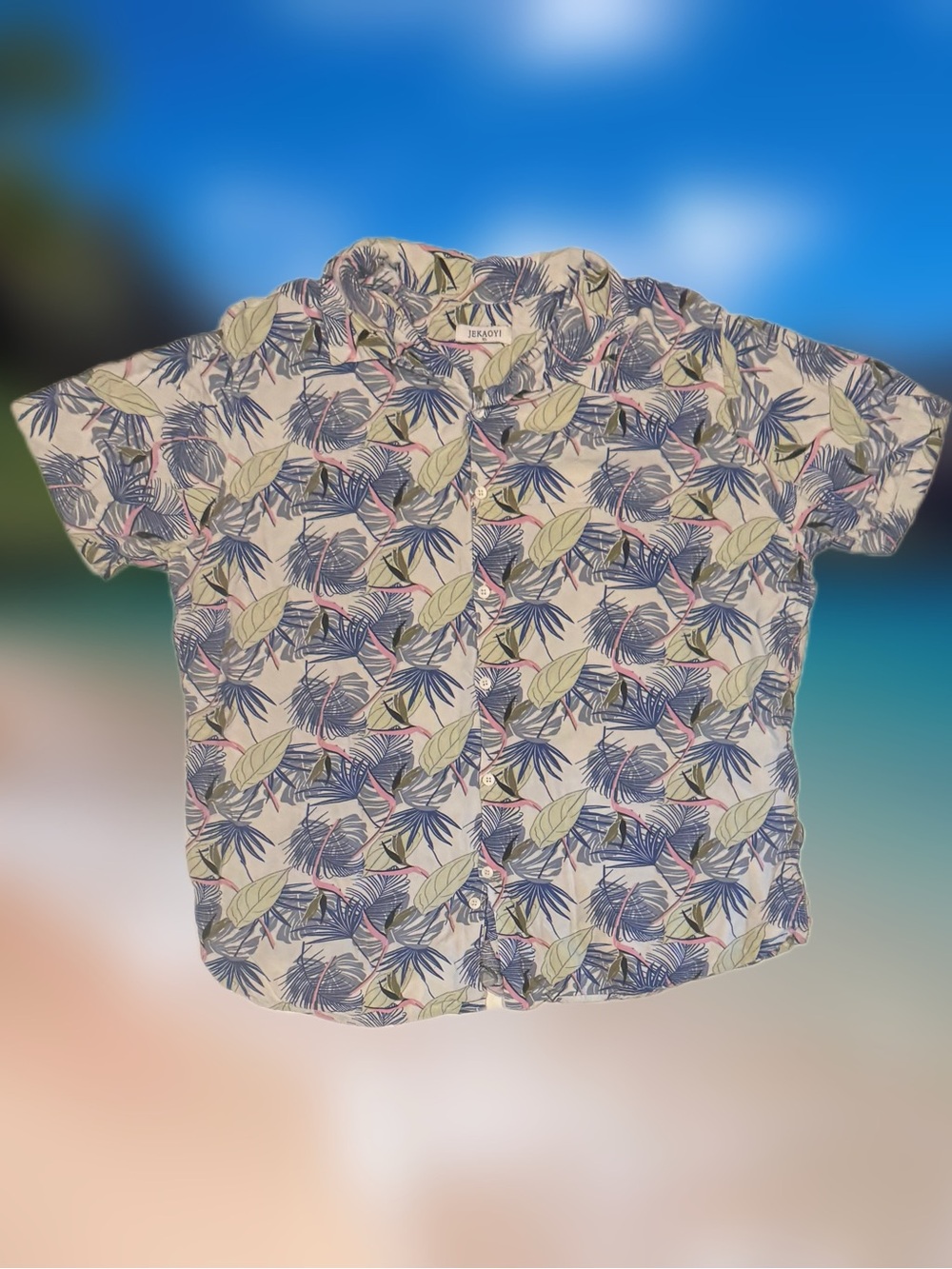JEKAOYI Men’s Size XL Beige Blue Tropical Floral Button-Up Shirt Short Sleeve